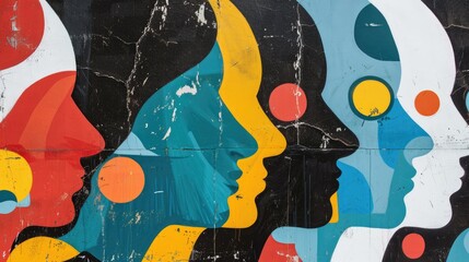Geometric abstract human profiles overlapping in vibrant urban street art style: diversity, identity concept on textured background