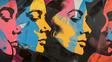 Geometric pop art human faces expressing vibrant emotions in abstract colorful composition. Diversity, psychology concept background