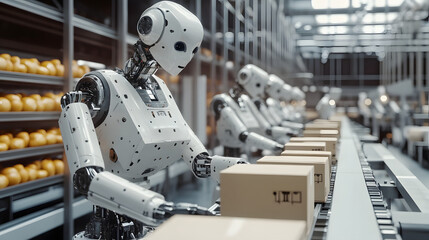 Automated Warehouse with Robotic Arms Handling Packages on a Conveyor System