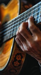 Fototapeta premium Mariachi musician playing guitar in soft focus with vibrant details