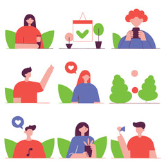 Flat illustration, video conference grid, colorful characters, remote work, digital communication, plants and nature elements, social media icons, minimalist design, vibrant colors, diverse people