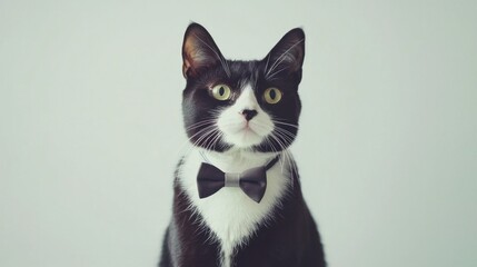 Obraz premium Close-up of an adorable tuxedo cat with a bowtie-like white patch, against a clean white background.
