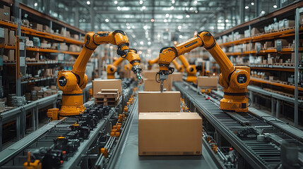 Automated Warehouse with Robotic Arms Handling Packages on a Conveyor System