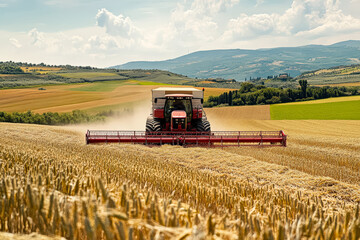 Fototapeta premium Red tractor is driving through a field of wheat. The tractor is surrounded by a cloud of dust, indicating that it is in the process of harvesting the wheat. The scene is peaceful and serene
