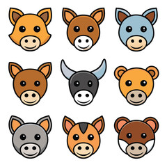 Cute cartoon animal faces, simple vector style, kawaii expressions, fox, horse, cat, deer, donkey, bear, mouse, tiger, dog, colorful icons, rounded shapes, minimalist design, children's illustration