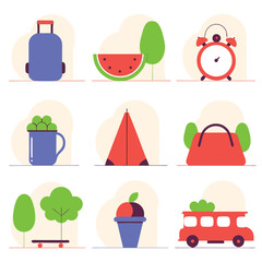 Colorful minimalist icons, flat design, summer vacation essentials, backpack, watermelon slice, alarm clock, mug with leaves, red tent, teapot, park bench, potted plant, red toy car, pastel background