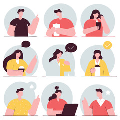 Flat illustration, diverse people avatars, circular frames, pastel background, simple vector style, social media profiles, various activities, technology users, communication concepts