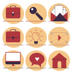 Flat design icons, business and communication concepts, circular orange backgrounds, minimalist illustrations, briefcase, magnifying glass, envelope, light bulb, computer screen, speech bubble