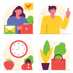 Flat illustration, colorful characters, office workspace elements, clock, plants, laptop, smartphone, email icon, checkmark, thumbs up gesture, red apple, green backpack, shopping bag, corn, avocado