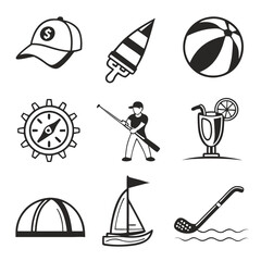 Summer icons, beach essentials, vector illustrations, black and white, simple designs, hat, ice cream, beach ball, ship wheel, baseball player, cocktail, tent, sailboat, swimming figure, nautical them