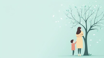 Protect A mother and child hugging a tree, teaching the next generation about nature conservation.