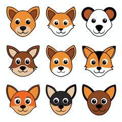 Cute cartoon animal faces, dog cat fox icons, kawaii pet emojis, simple vector illustrations, colorful animal heads, chibi style characters, flat design animal avatars, playful expression stickers