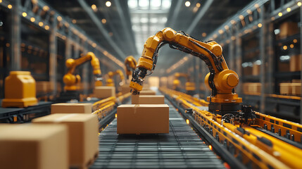 Automated Warehouse with Robotic Arms Handling Packages on a Conveyor System
