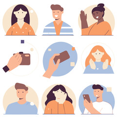 Portrait illustrations, diverse characters, flat design, pastel colors, minimalist style, social media avatars, multicultural faces, geometric shapes, hand gestures, photography actions