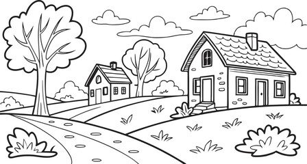 Sketch of a house in the forest with simple architectural design coloring page