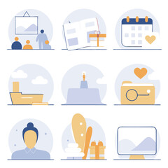 Minimalist icons, flat design, pastel colors, blue and orange palette, business and productivity concepts, data analytics, document management, calendar planning, email communication, task completion