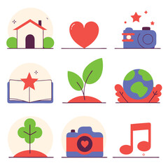 Minimalist portraits, diverse professions, circular backgrounds, flat design, vector illustration, red and orange color palette, silhouette profiles, professional attire, workplace icons, gear symbol