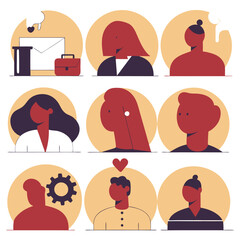 Minimalist portraits, diverse professions, circular backgrounds, flat design, vector illustration, red and orange color palette, silhouette profiles, professional attire, workplace icons, gear symbol