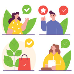 Colorful illustration, flat design characters, positive feedback icons, green leaves, yellow polka dot shirt, red shopping bag, customer satisfaction, user reviews, online shopping experience