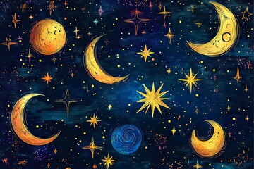 Naklejka premium Illustration features celestial objects including stars moons and planets
