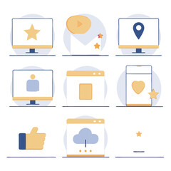 Simple line art icons, computer screens, digital symbols, social media concepts, minimalist design, pastel colors, blue and yellow accents, flat illustration style, technology interface elements