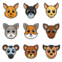 Cute cartoon animal faces, simple vector style, kawaii expressions, rounded ears, big eyes, colorful emoji-like designs, dog breeds, fox, bear, kangaroo, wolf, chihuahua, grid layout, white background