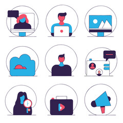 Flat design icons, social media concepts, digital marketing elements, blue and pink color scheme, circular frames, computer screens, laptop user, cloud storage, user profile, messaging bubbles