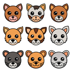 Cute cartoon animal faces, kawaii style, cat and dog emojis, simple vector illustrations, rounded shapes, expressive eyes, vibrant colors, flat design, grid layout, orange, brown, gray, white colors, 