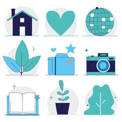 Flat icons, minimalist design, teal and navy color palette, home symbol, heart shape, disco ball, leaves, luggage, camera, open book, potted plant, tree silhouette, vector graphics, clean lines, geome