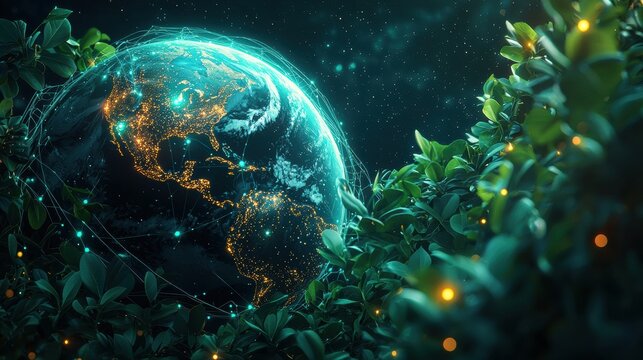Earth glowing with connections amidst vibrant green leaves half dark half light