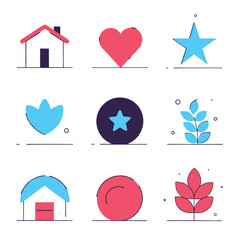 Minimalist icons, flat design, red and blue color scheme, house symbol, heart shape, star icon, leaf motif, circle elements, simple geometric forms, clean lines, white background, grid layout, subtle 