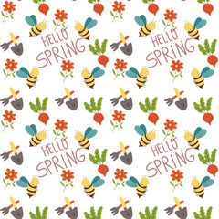 Hello spring set of cute elements. Hand drawn flower, bee, rad radish, farm tools. A blooming garden at the cottage. Vector illustration. Collection of spring stickers 