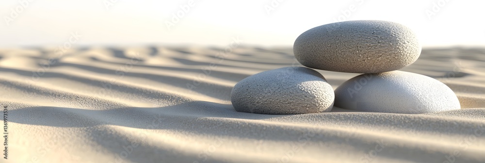 Poster A peaceful and minimalist 3D visualization of a Zen rock garden featuring smooth natural stones arranged on a bed of gently raked sand patterns creating a calming and serene atmosphere