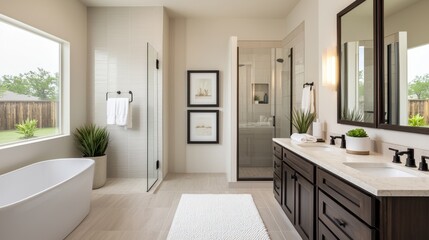Modern Spa-Like Bathroom with Freestanding Tub and Stylish Decor