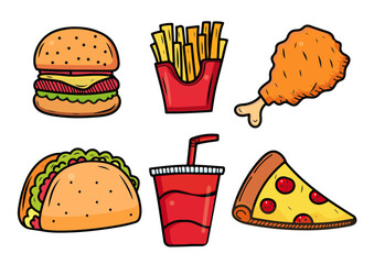 Fast food icon set, vector flat color illustration for menu. Fast food design