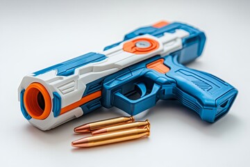 Vilnius, Lithuaania - March 5, 2019: Nerf N-Strike Elite Disruptor Blaster and Refill Bullet Darts on white background