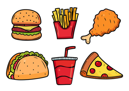 Fast food icon set, vector flat color illustration for menu. Fast food design