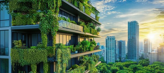 Modern green building with plantcovered balconies near sunlit city