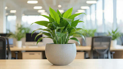 Fototapeta premium Vibrant green indoor plant bringing a touch of nature and tranquility to a modern office workspace; perfect for enhancing productivity and aesthetic appeal.