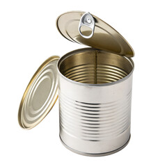Empty Metal Can with Opened Lid and Ring Pull Tab for Food Storage isolated on white or transparent background Generative AI
