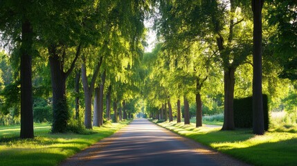 Obraz premium Serene Tree-Lined Avenue in Bright Natural Light during Daytime