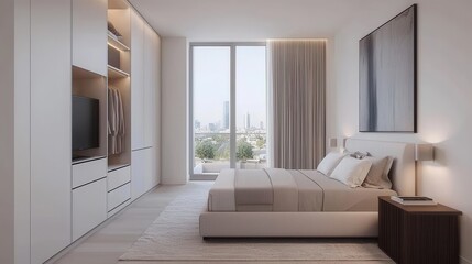 Modern Minimalist Bedroom with Large Window and City View