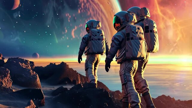 Three astronauts traverse a rocky extraterrestrial terrain, gazing at a vibrant planet and colorful cosmic phenomena during dawn.