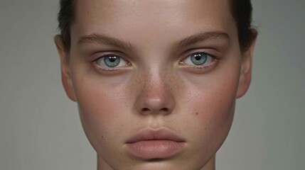 Close-up Portrait of a Young Woman with Freckles and Blue Eyes