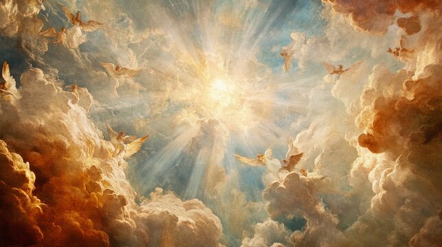 Angels In Clouds, Heaven Concept. Painted Effect.