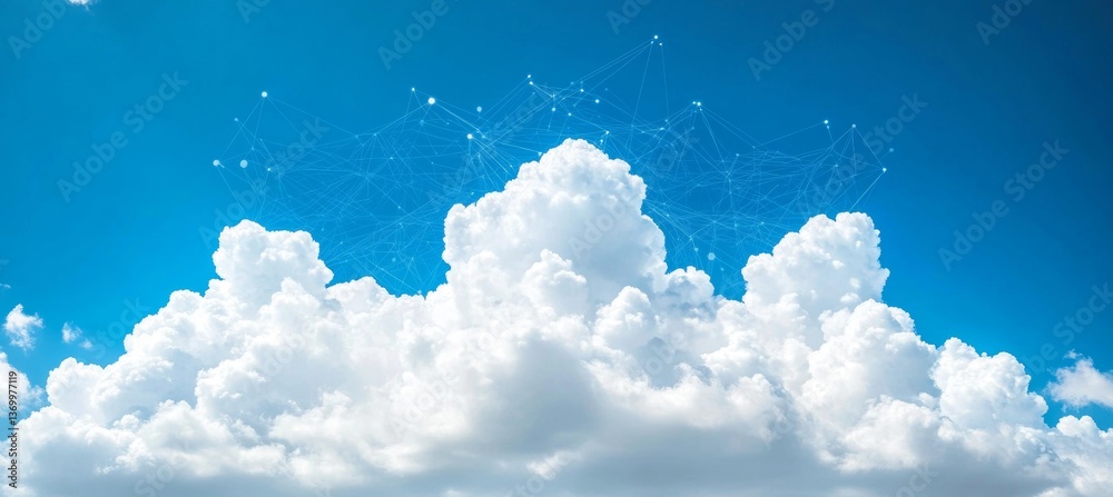 Poster cloud computing concept white fluffy clouds with abstract network pattern on blue sky background