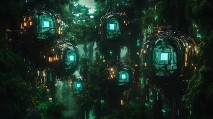 Bio-Mechanical Forest with Circuit-Board Trees and Robotic Birds in Data Pods