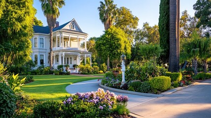 Obraz premium Elegant Victorian House Surrounded by Lush Greenery and Flowers