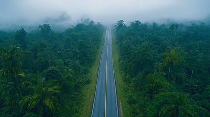 Obraz premium Aerial drone view of a straight road cutting through the heart of a lush dense jungle