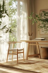 Minimalist home office workspace showcasing organic curves and bamboo accents